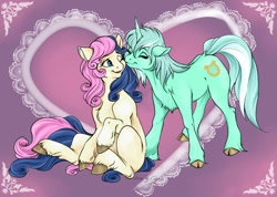 Size: 1024x728 | Tagged: safe, artist:cigarscigarettes, artist:piscella, imported from derpibooru, bon bon, lyra heartstrings, sweetie drops, classical unicorn, earth pony, pony, unicorn, adorabon, cheek kiss, chest fluff, cloven hooves, colored, cute, female, fluffy, kiss on the cheek, kissing, lesbian, lyrabetes, lyrabon, mare, missing cutie mark, shipping, unshorn fetlocks