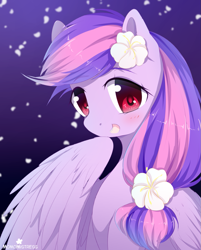 Size: 1047x1302 | Tagged: safe, artist:verawitch, deleted from derpibooru, imported from derpibooru, oc, oc only, oc:moonlight blossom, pegasus, pony, blushing, bust, colored pupils, flower petals, gradient background, looking at you, open mouth, portrait, purple background, smiling, solo