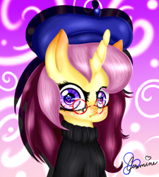 Size: 920x1020 | Tagged: safe, artist:jasmine-lotus, imported from derpibooru, oc, oc only, oc:lannie lona, beatnik, beret, bust, clothes, glasses, portrait, shiny, solo, sweater, turtleneck