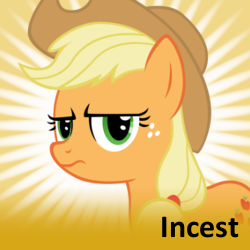 Size: 250x250 | Tagged: safe, imported from derpibooru, applejack, earth pony, pony, derpibooru, applejack is not amused, cowboy hat, female, hat, incest, looking at you, mare, meta, official spoiler image, shipping, solo, spoilered image joke, stetson, unamused