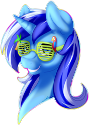 Size: 1280x1812 | Tagged: safe, artist:fatcakes, imported from derpibooru, minuette, pony, unicorn, bust, female, portrait, shutter shades, solo, sunglasses