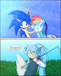 Size: 1600x2000 | Tagged: safe, artist:skye-izumi, imported from derpibooru, rainbow dash, oc, oc:skye izumi, bait, crossover, fishing, fishing rod, non-pony oc, sega, sonic the hedgehog, sonic the hedgehog (series), video game, watermark