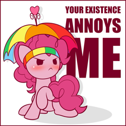 Size: 1125x1125 | Tagged: safe, artist:symbianl, imported from derpibooru, part of a set, pinkie pie, angry, annoyed, blushing, chibi, cute, diapinkes, digital art, female, hat, no nose, out of character, part of a series, pinkie pie is not amused, simple background, solo, symbianl's chibis, umbrella hat, unamused, when she doesn't smile, white background