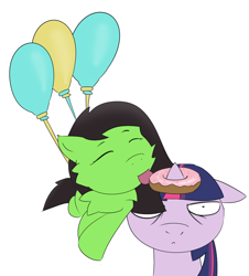 Size: 1040x1150 | Tagged: safe, artist:lazynore, imported from derpibooru, twilight sparkle, oc, oc:filly anon, earth pony, pony, balloon, donut, female, filly, food, mare