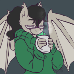 Size: 1000x1000 | Tagged: safe, artist:curiouskeys, imported from derpibooru, oc, oc only, oc:titty sprinkles, anthro, bat pony, anthro oc, bat pony oc, clothes, coffee, commission, eyes closed, glasses, solo, spread wings, steam, sweater