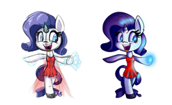 Size: 1800x1100 | Tagged: safe, artist:heir-of-rick, imported from derpibooru, rarity, anthro, unguligrade anthro, chibi, clothes, dress, female, magic, open mouth, progress, smiling, solo