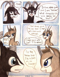 Size: 1076x1368 | Tagged: safe, artist:thefriendlyelephant, imported from derpibooru, oc, oc only, oc:sabe, oc:uganda, antelope, giant sable antelope, comic:sable story, animal in mlp form, bashful, cloven hooves, comic, horns, speech bubble, surprised, traditional art