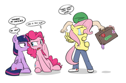 Size: 1426x942 | Tagged: safe, artist:shoutingisfun, imported from derpibooru, fluttershy, pinkie pie, twilight sparkle, oc, oc:anon, alicorn, human, pony, crying, dialogue, hug, sitting, speech bubble, suitcase, twilight sparkle (alicorn), vulgar