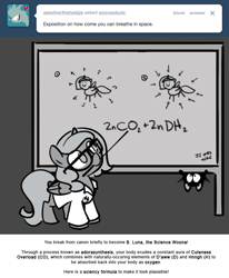 Size: 666x809 | Tagged: safe, artist:egophiliac, imported from derpibooru, princess luna, alicorn, cat, pony, moonstuck, c:, chalkboard, chemistry, clothes, cute, filly, glasses, lab coat, lunabetes, monochrome, mouth hold, science, science woona, smiling, upside down, woona, younger