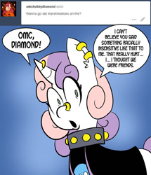 Size: 576x670 | Tagged: safe, artist:pembroke, imported from derpibooru, diamond tiara, sweetie belle, chubby diamond, dialogue, female, food, marshmallow, meanie belle, solo, sweetie belle is a marshmallow too