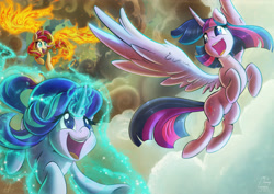 Size: 3535x2500 | Tagged: safe, artist:light262, imported from derpibooru, starlight glimmer, sunset shimmer, twilight sparkle, alicorn, pony, unicorn, fiery shimmer, fiery wings, flying, levitation, magic, open mouth, self-levitation, sunset phoenix, telekinesis, trio, twilight sparkle (alicorn), twilight's counterparts