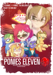 Size: 1447x2046 | Tagged: safe, artist:banzatou, imported from derpibooru, applejack, fluttershy, gladmane, oc, oc:bahn satori, oc:rosetta garden, oc:sohma, pony, viva las pegasus, impossibly rich, movie poster, ocean's eleven, oceans eleven, parody