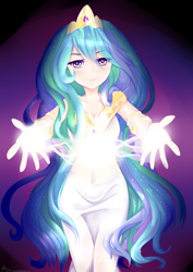 Size: 2894x4093 | Tagged: safe, artist:aunmoon, imported from derpibooru, princess celestia, human, belly button, clothes, dress, eye clipping through hair, female, hug request, humanized, looking at you, magic, smiling, solo