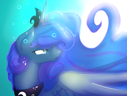 Size: 1024x768 | Tagged: safe, artist:aunmoon, imported from derpibooru, princess luna, alicorn, pony, blue background, blue eyes, blue mane, bubble, color porn, crepuscular rays, crown, digital art, ethereal mane, eyelashes, feather, female, flowing mane, horn, jewelry, mare, ocean, peytral, regalia, simple background, solo, starry mane, stars, sunlight, underwater, water, wings