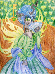 Size: 900x1194 | Tagged: safe, artist:oriwhitedeer, imported from derpibooru, queen chrysalis, changeling, changeling queen, alternate hairstyle, clothes, dress, fan, female, handheld fan, solo, traditional art