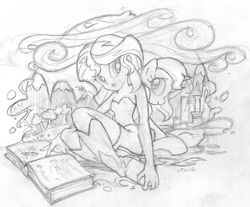 Size: 1120x927 | Tagged: safe, artist:yewdee, imported from derpibooru, sunset shimmer, pony, unicorn, equestria girls, book, grayscale, human ponidox, monochrome, traditional art