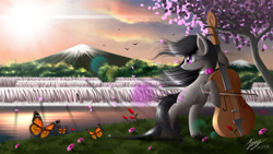 Size: 5000x2813 | Tagged: safe, artist:duskie-06, imported from derpibooru, octavia melody, butterfly, absurd resolution, bow (instrument), bowtie, cello, cello bow, female, grass, hoof hold, mountain, musical instrument, playing, scenery, signature, smiling, solo, tree, waterfall