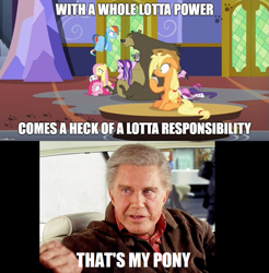 Size: 951x968 | Tagged: safe, edit, edited screencap, imported from derpibooru, screencap, applejack, fluttershy, pinkie pie, rainbow dash, starlight glimmer, every little thing she does, ben parker, fiducia compellia, image macro, implied big macintosh, meme, sarcasm, spider-man, that's my x, uncle ben, wet, wet mane, wet mane applejack, wet mane fluttershy, wet mane pinkie pie, wet mane rarity, wet mane starlight glimmer