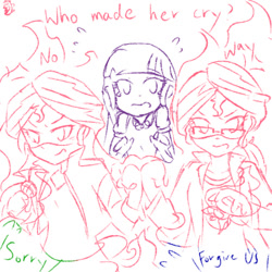 Size: 500x500 | Tagged: safe, artist:aka-ryuga, imported from derpibooru, sunset shimmer, twilight sparkle, human, equestria girls, alternate clothes, alternate costumes, alternate universe, angry, female, fiery shimmer, fire, glasses, human sunset, humanized, implied flash sentry, lesbian, shipping, sunsetsparkle