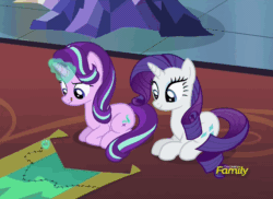 Size: 680x494 | Tagged: safe, imported from derpibooru, screencap, rarity, starlight glimmer, pony, every little thing she does, animated, cute, discovery family, discovery family logo, duo, female, gif, glimmerbetes, logo, prone, raribetes, sewing, smiling
