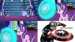 Size: 1631x917 | Tagged: safe, artist:steghost, imported from derpibooru, starlight glimmer, twilight sparkle, alicorn, pony, every little thing she does, captain america, marvel, marvel comics, meme, shield, that's my pony, that's my x, twilight sparkle (alicorn)