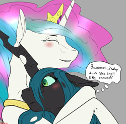 Size: 1024x1013 | Tagged: safe, artist:backlash91, imported from derpibooru, princess celestia, queen chrysalis, changeling, changeling queen, pony, banana, bananalestia, blushing, chryslestia, cute, cutealis, cutelestia, eyes closed, fangs, female, floppy ears, fluffy, food, frown, gray background, grin, hug, jewelry, lesbian, mare, neck nuzzle, nuzzling, regalia, shipping, simple background, smiling, thought bubble, wide eyes