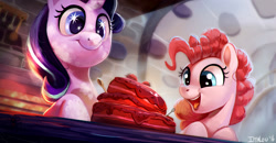Size: 1779x928 | Tagged: safe, artist:imalou, imported from derpibooru, pinkie pie, starlight glimmer, earth pony, pony, unicorn, every little thing she does, cake, dessert, duo, female, food, mare, open mouth, scene interpretation, starry eyes, wingding eyes