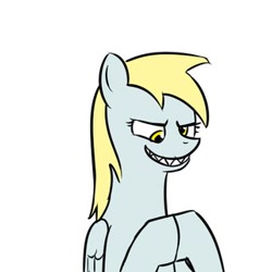 Size: 320x320 | Tagged: artist needed, safe, imported from derpibooru, derpy hooves, pegasus, pony, evil, evil grin, female, hooves together, i know exactly what went wrong, just as planned, mare, reaction image, sharp teeth, simple background, smiling, solo, white background