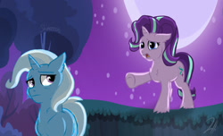 Size: 1150x700 | Tagged: safe, artist:shimazun, imported from derpibooru, starlight glimmer, trixie, pony, unicorn, duo, female, mare, sad, story in the source