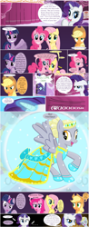 Size: 1320x3366 | Tagged: safe, artist:shwiggityshwah, imported from derpibooru, derpy hooves, fluttershy, pinkie pie, rarity, twilight sparkle, pegasus, pony, clothes, comic, dress, female, gala dress, mare