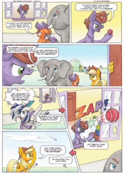 Size: 3490x4885 | Tagged: safe, artist:xeviousgreenii, imported from derpibooru, applejack, scootaloo, oc, oc:lucky stellar, oc:trunkington, oc:zircon glaze, earth pony, elephant, pegasus, pony, unicorn, comic:the temple of bloom, comic, cricket, cricket (ball game), cricket ball, scootaloo will show us games to play