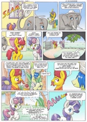 Size: 3485x4900 | Tagged: safe, artist:xeviousgreenii, imported from derpibooru, apple bloom, rarity, sweetie belle, oc, oc:trunkington, oc:zircon glaze, elephant, comic:the temple of bloom, comic, cutie mark, monocle, the cmc's cutie marks