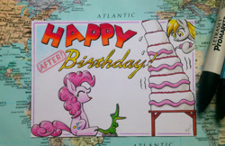 Size: 2560x1660 | Tagged: safe, artist:xeviousgreenii, imported from derpibooru, derpy hooves, gummy, pinkie pie, pegasus, pony, birthday cake, birthday card, cake, female, food, happy birthday, irl, map, mare, photo