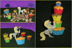 Size: 1627x1100 | Tagged: safe, artist:malte279, imported from derpibooru, derpy hooves, pegasus, pony, food, giant derpy hooves, giant muffin, giant pegasus, giant pony, macro, muffin, origami, ponyville, town
