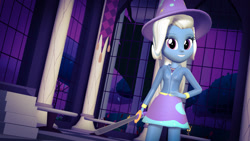Size: 1920x1080 | Tagged: safe, artist:razethebeast, imported from derpibooru, trixie, equestria girls, 3d, clothes, female, forces of harmony, hat, hoodie, pony coloring, skirt, smiling, solo, source filmmaker, sword, trixie's hat, weapon