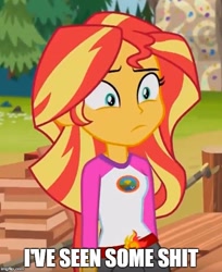 Size: 500x614 | Tagged: safe, edit, edited screencap, imported from derpibooru, screencap, sunset shimmer, equestria girls, legend of everfree, caption, female, i've seen some shit, image macro, meme, solo, vulgar