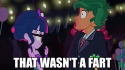 Size: 1366x768 | Tagged: safe, edit, edited screencap, imported from derpibooru, screencap, gloriosa daisy, sci-twi, timber spruce, twilight sparkle, equestria girls, legend of everfree, caption, discovery kids, faic, image macro, implied sharting, meme, that wasn't a fart