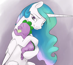 Size: 1074x960 | Tagged: safe, artist:silfoe, imported from derpibooru, princess celestia, spike, alicorn, dragon, pony, royal sketchbook, baby spike, belly button, cute, cutelestia, eyes closed, female, hug, male, mare, missing accessory, momlestia, one eye closed, silfoe is trying to murder us, smiling, spikabetes, spikelove, sweet dreams fuel, younger
