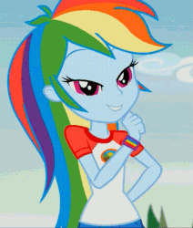 Size: 869x1024 | Tagged: safe, edit, edited screencap, imported from derpibooru, screencap, rainbow dash, equestria girls, legend of everfree, animated, bedroom eyes, camp everfree outfits, cropped, cute, dashabetes, female, gif, implied handjob, invisible stallion, lip bite, out of context, smiling, solo