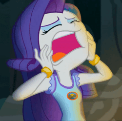 Size: 400x396 | Tagged: safe, imported from derpibooru, screencap, rarity, equestria girls, legend of everfree, animated, bracelet, cropped, eyes closed, female, frown, gif, jewelry, marshmelodrama, open mouth, screaming, solo