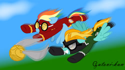 Size: 2846x1600 | Tagged: safe, artist:gutovi, imported from derpibooru, lightning dust, rainbow dash, pegasus, pony, clothes, competition, crossover, duo, flight suit, goggles, golden snitch, gryffindor, harry potter, harry potter (series), quidditch, signature, slytherin