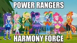 Size: 1920x1080 | Tagged: safe, edit, edited screencap, imported from derpibooru, screencap, applejack, fluttershy, pinkie pie, rainbow dash, rarity, sci-twi, sunset shimmer, twilight sparkle, equestria girls, legend of everfree, crystal guardian, crystal wings, discovery kids, hilarious in hindsight, humane five, humane seven, humane six, image macro, mane six, meme, power rangers, rubber boots, sleeveless