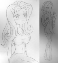 Size: 1024x1109 | Tagged: safe, artist:trainbang, imported from derpibooru, fluttershy, rarity, equestria girls, anime style, bra, breasts, busty fluttershy, clothes, female, manga style, monochrome, nightgown, panties, sketch, skirt, stockings, tanktop, towel, traditional art, underwear