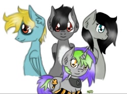 Size: 800x595 | Tagged: artist needed, safe, imported from derpibooru, oc, oc only, oc:frenzy nuke, oc:rich hernandez, oc:viola heartstrings, pegasus, pony, unicorn, clothes, cloths, collar, group photo, looking at you, lying down, socks, striped socks