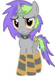 Size: 531x733 | Tagged: artist needed, safe, imported from derpibooru, oc, oc only, oc:frenzy nuke, pony, unicorn, blushing, clothes, cloths, collar, looking at you, socks, solo, standing, striped socks