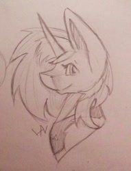Size: 568x745 | Tagged: artist needed, safe, imported from derpibooru, oc, oc only, oc:frenzy nuke, pony, unicorn, bust, collar, monochrome, portrait, solo, traditional art