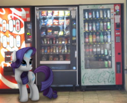 Size: 1688x1368 | Tagged: safe, artist:riniginianna, imported from derpibooru, rarity, coke bottle, irl, magic, photo, ponies in real life, shadow, snacks, soda, solo, vector, vending machine
