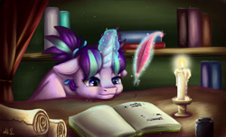 Size: 2800x1700 | Tagged: safe, artist:alina-sherl, imported from derpibooru, starlight glimmer, book, candle, candlelight, crying, female, ink, magic, pen, russian, scroll, solo, writing