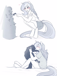 Size: 3000x3977 | Tagged: safe, artist:askbubblelee, imported from derpibooru, oc, oc only, oc:bubble lee, oc:imago, anthro, cat, caterpillar, unguligrade anthro, anthro oc, blushing, eyes closed, fluffy, freckles, kissy face, monochrome