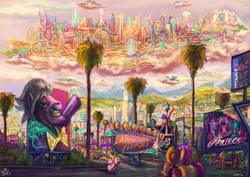 Size: 4961x3508 | Tagged: safe, artist:jowyb, artist:jowybean, imported from derpibooru, applejack, fluttershy, gladmane, trapeze star, earth pony, pegasus, pony, viva las pegasus, absurd resolution, acrobatics, applewood, away from viewer, bag, butt, city, cloud, color porn, cowboy hat, female, flutterbutt, hat, las pegasus, mare, mountain, open mouth, plot, running, saddle bag, scenery, scenery porn, show mares, signature, sky, smiling, stetson